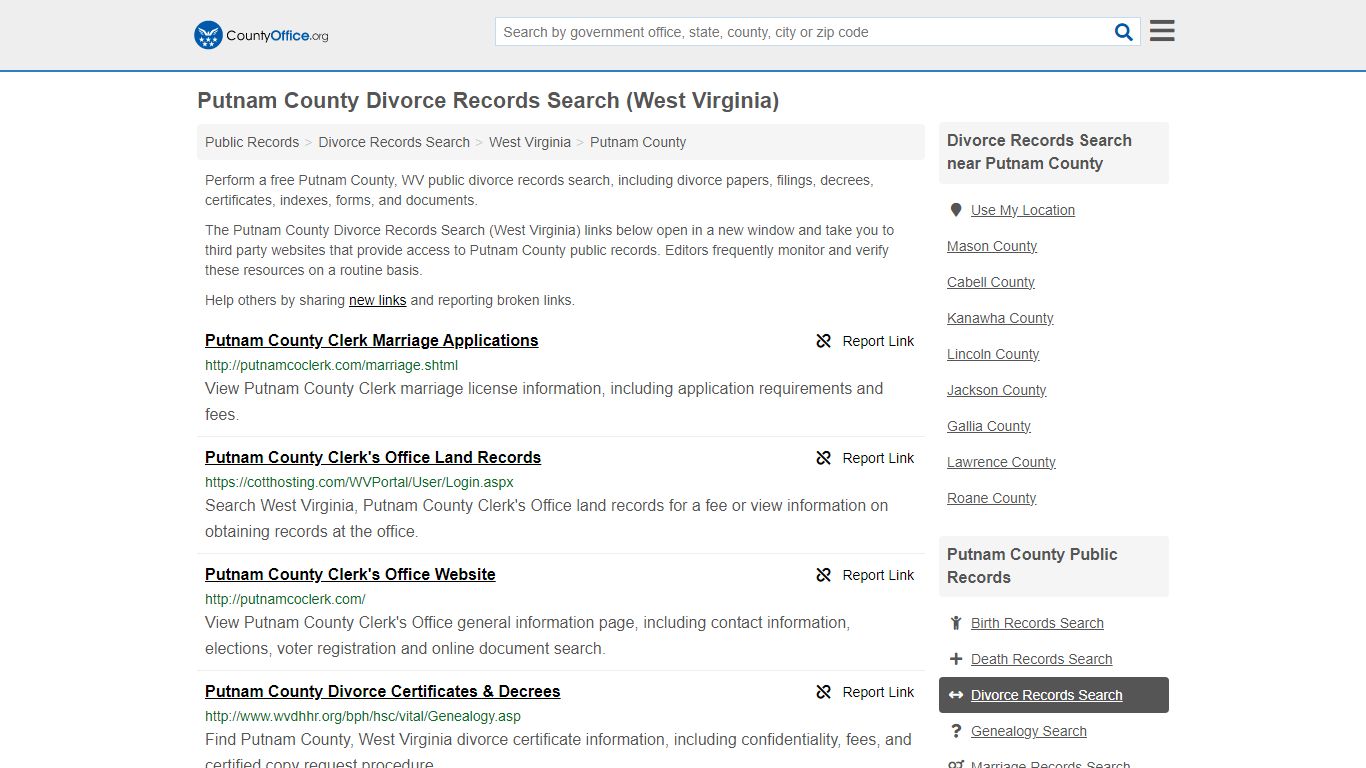 Putnam County Divorce Records Search (West Virginia) - County Office