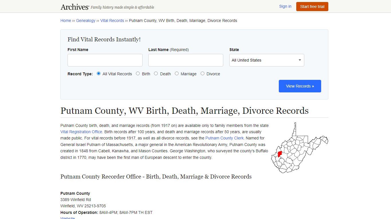 Putnam County, WV Birth, Death, Marriage, Divorce Records - Archives.com